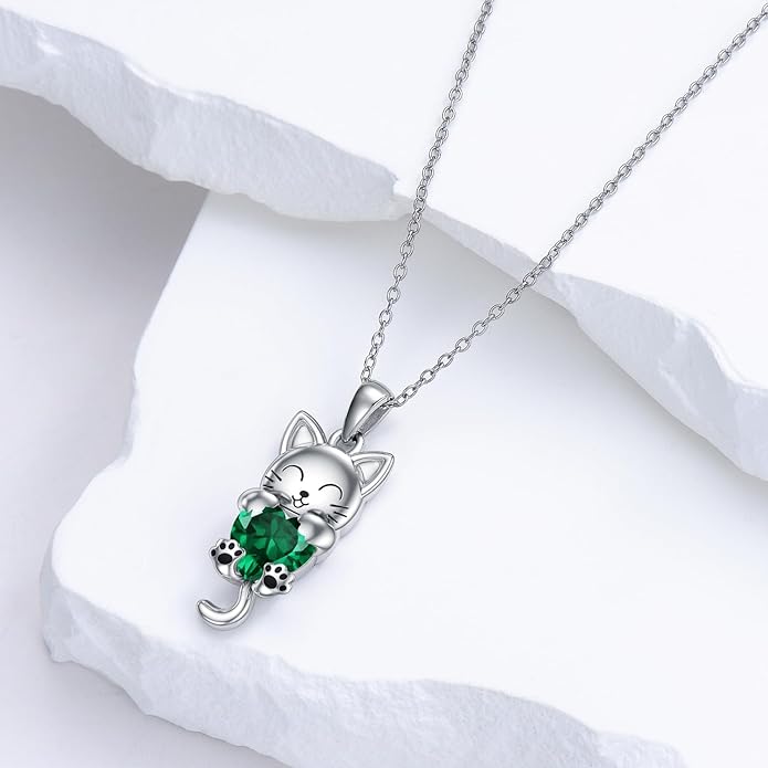 LONAGO Cat Necklace with Heart Birthstone Cat Pendant Necklace Sterling Silver Gifts for Women