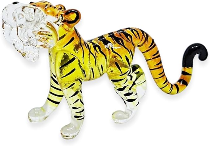 WitnyStore Tiny 1¾" Long Yellow Black Standing Tiger Roaring Figurine - Miniature Hand Blown Painted Glass Panthera Wild Cat Small Crystal Wildlife Animals Decorative Collectible Figurines Décor Gifts