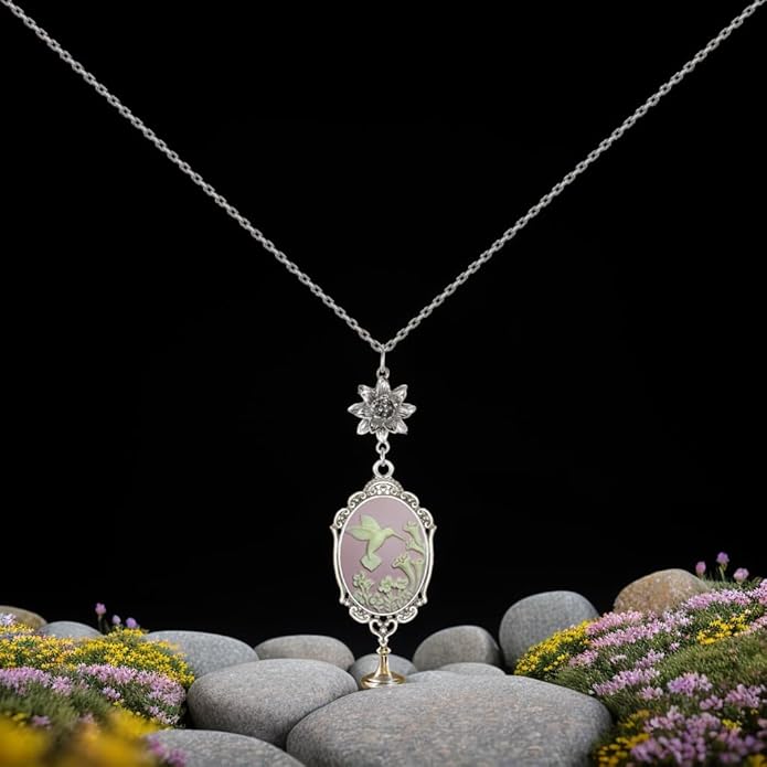 Yspace Lotus Charm Necklace Antique Decor Cameo Pendant 2 Chains Velvet Pouch for Gift