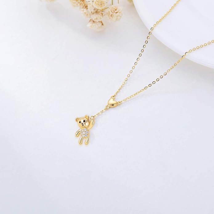 WSX 14K Real Gold Animal Necklace for Women, Bear/Cat/Rabbit/Elephant/Horse Pendant Charm Jewelry Gifts Mother Day Valentine Christmas