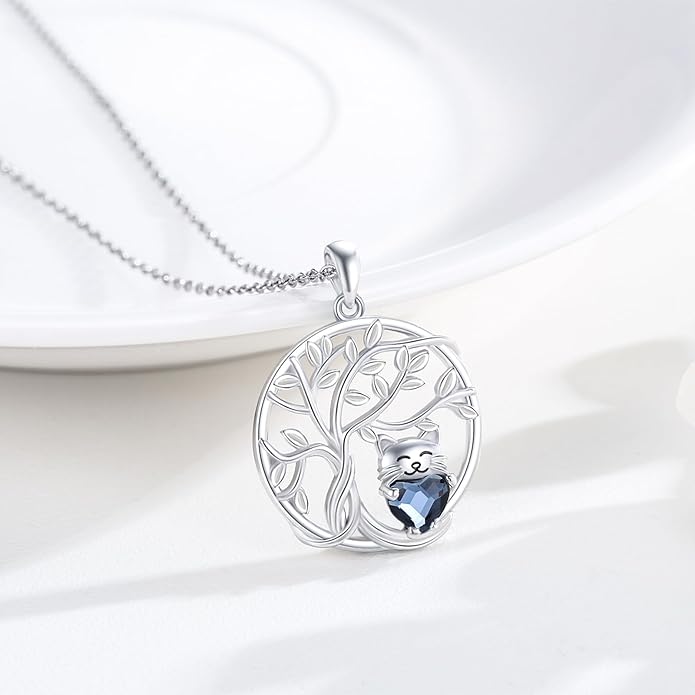 JUSTKIDSTOY Sterling Silver Cute Animal Pendant Necklace with Crystal Cat Pendant - Women's Cat Lovers Jewelry Gift