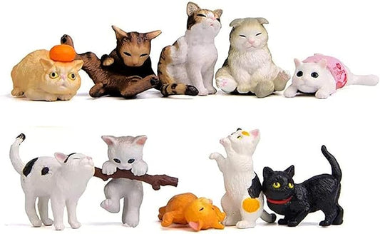 10 pcs Cute Miniature Kawaii Cats - Mini Figure Kitten Playset, Cake Topper, Plant Decorations
