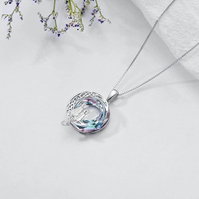 TOUPOP Cat Gifts for Cat Lovers 1 2 3 Cats Necklace Sterling Silver Cat on the Moon Pendant Necklace with Blue Circle Crystal Birthday Christmas Celtic Jewelry Gifts for Women