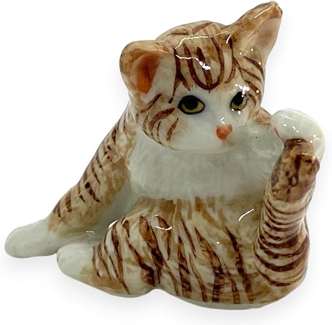 WitnyStore Tiny 2¼" Brown White Tabby Shorthair Cat Chasing Tail Figurine - Miniature Hand Made Painted Ceramic Cats Kitten Feline Animal Cute Porcelain Decorative Collectible Figurines Décor Gifts