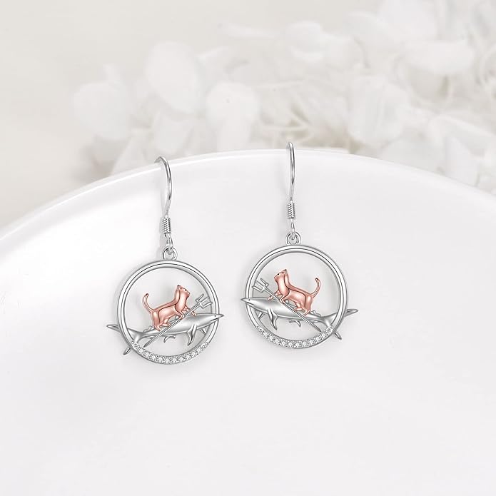 YFN Cat Earrings for Women Sterling Silver Shark Dangle Earrings Cat Jewelry Gifts for Women Cat Lover Shark Jewelry for Shark Lover