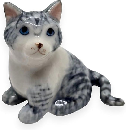 WitnyStore Tiny 1½" Gray White Tabby Shorthair Cat Sitting Look Left Figurine - Miniature Hand Made Painted Ceramic Cats Kitten Feline Animal Cute Porcelain Decorative Collectible Figures Décor Gifts