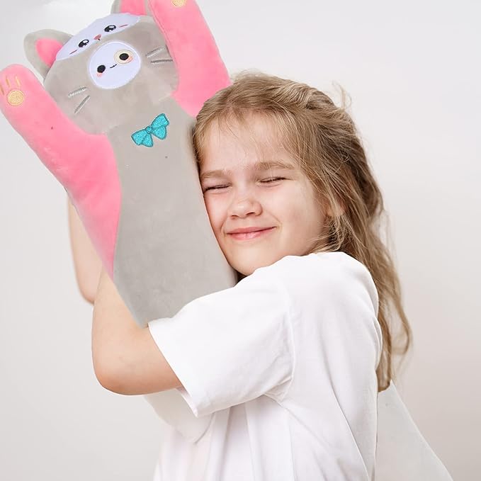 Long Cat Plush Kawaii Body Pillow， 35.4” Soft PP Cotton Filling Cartoon Cute Plushies Pillow for Children Funny Stuffed Animals for Girls Gifts（Pink