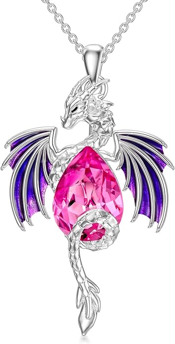 Dragon Necklace for Men Sterling Silver Birthstone Wyvern Necklace Embllished with Teardrop Shaped Crystal Jewelry for Women
