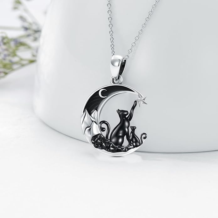 Gothic Jewelry Bat/Cat/Wolf/Dragon/Owl/Fox/Spider/Sun Pendant Sterling Silver Crescent Moon Necklace for Women Girls Black Jewelry Gifts