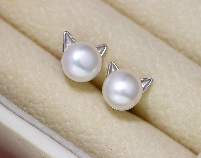 Wicary Cat Earrings Sterling Silver Pearl Earrings for Women Cat Stud Earring for Cat Lovers