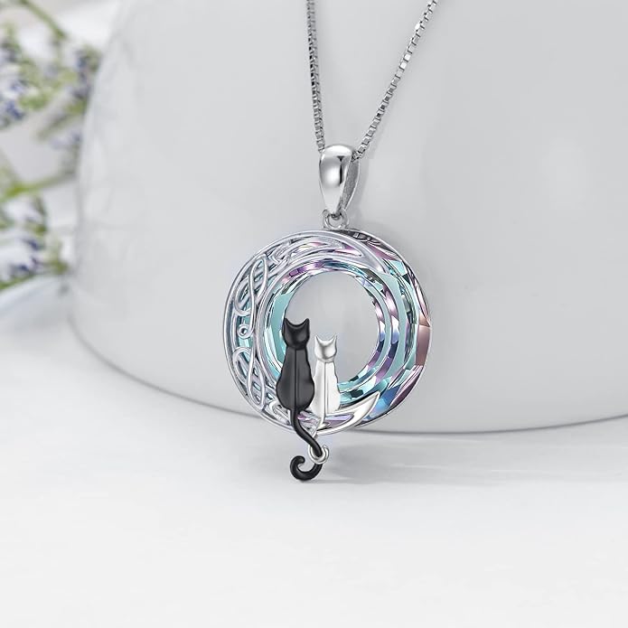 TOUPOP Cat Gifts for Cat Lovers 1 2 3 Cats Necklace Sterling Silver Cat on the Moon Pendant Necklace with Blue Circle Crystal Birthday Christmas Celtic Jewelry Gifts for Women