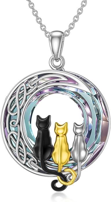 TOUPOP Cat Gifts for Cat Lovers 1 2 3 Cats Necklace Sterling Silver Cat on the Moon Pendant Necklace with Blue Circle Crystal Birthday Christmas Celtic Jewelry Gifts for Women