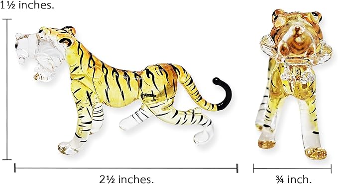WitnyStore Tiny 2½" Long Yellow Black Standing Tiger Roaring Figurine - Miniature Hand Blown Painted Glass Panthera Wild Cat Small Crystal Wildlife Animals Decorative Collectible Figurines Décor Gifts
