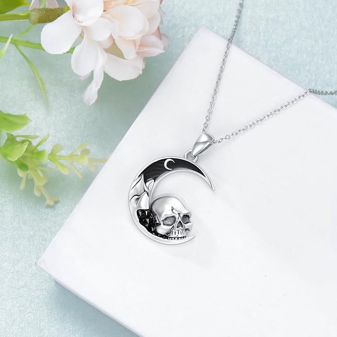 Gothic Jewelry Bat/Cat/Wolf/Dragon/Owl/Fox/Spider/Sun Pendant Sterling Silver Crescent Moon Necklace for Women Girls Black Jewelry Gifts