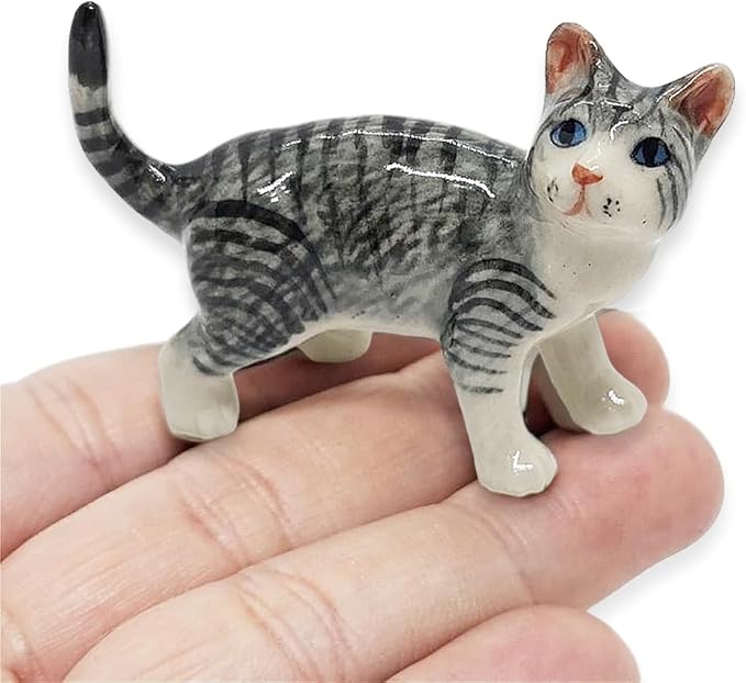 WitnyStore Tiny 2" Long Gray White Tabby Cat Standing Look Right Figurine - Miniature Hand Made Painted Ceramic Cats Kitten Feline Animal Cute Porcelain Decorative Collectible Figurines Décor Gifts
