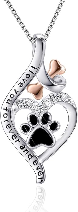 VANLAMS Womens 925 Sterling Silver Bone Love Heart Dog Paw Print Pendant Necklace I Love You Forever and Ever, Gifts for Dog Owner