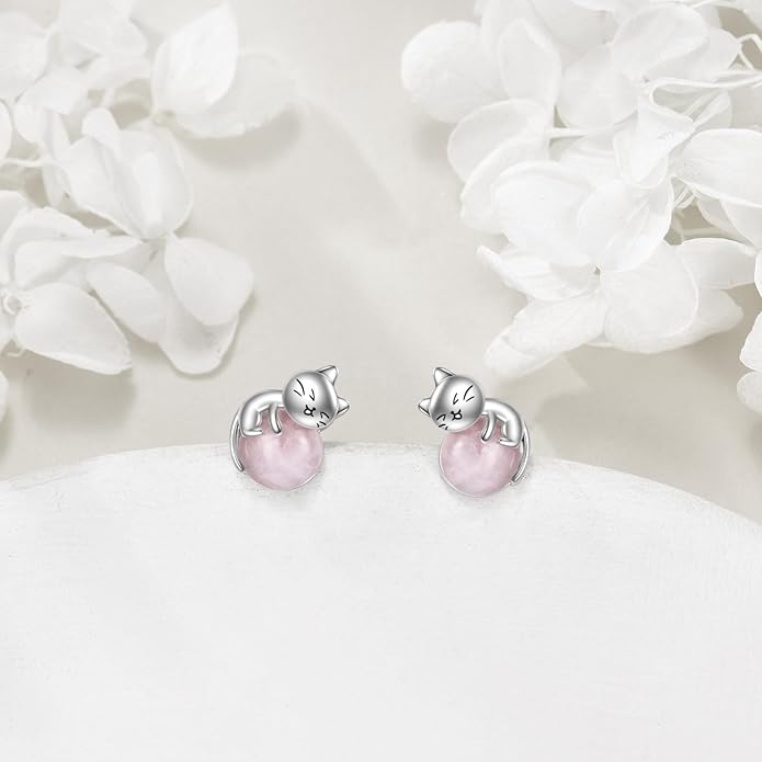 Sterling Silver Birthstone Black Cat Stud Earrings - Cat Birthstone Earrings for Women's Birthday Gift