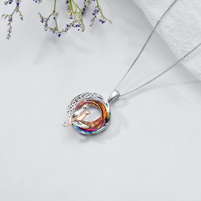 TOUPOP Cat Gifts for Cat Lovers 1 2 3 Cats Necklace Sterling Silver Cat on the Moon Pendant Necklace with Blue Circle Crystal Birthday Christmas Celtic Jewelry Gifts for Women