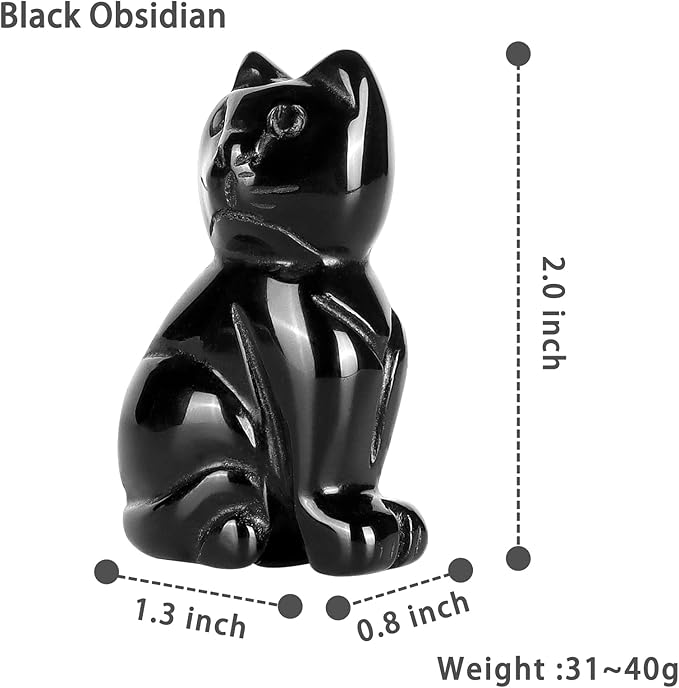 2" Black Obsidian Crystal Cat Figurine Cat Sculpture Kitten Carving Animal Healing Crystals Gemstone Collectibles Home Art Decor