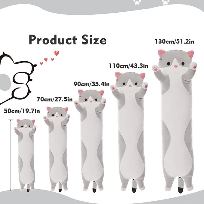 Long Cat Plush Pillow, 35.4in Cute Cat Plushie Stuffed Animals Body Pillow, Grey Kawaii Kitten Soft Plushie Doll Toy Birthday Gift for Kids Girlfriend