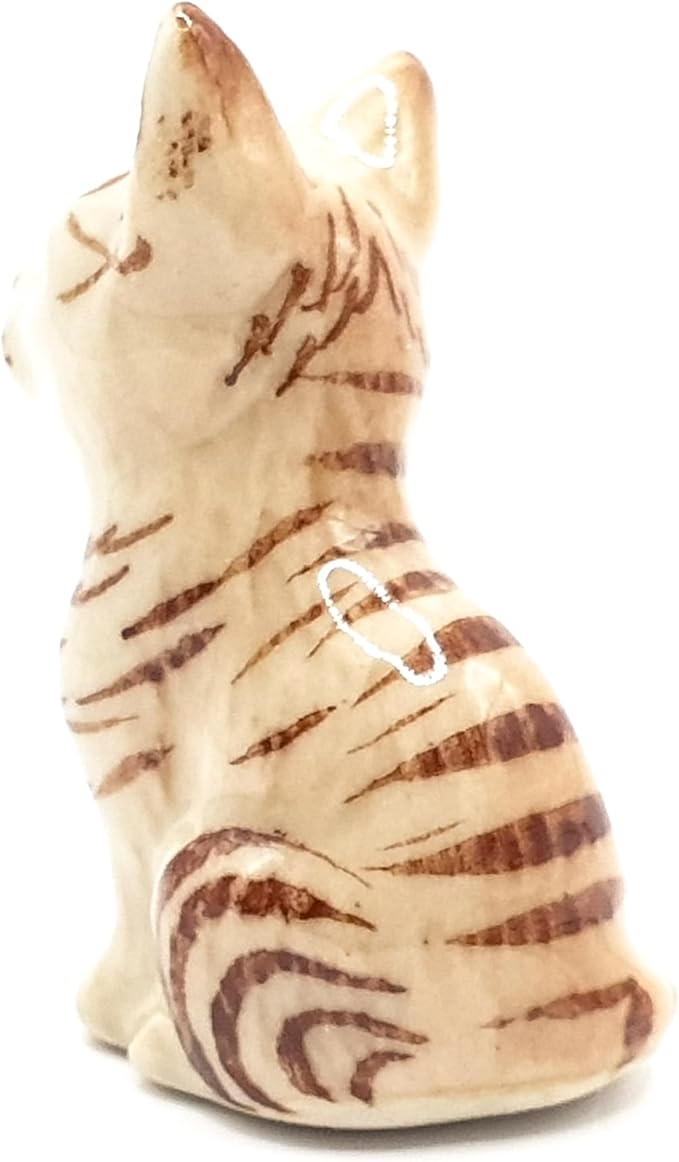 WitnyStore Tiny 1⅛" Brown Tabby Shorthair Cat Sitting Tilt Head Figurine - Miniature Hand Made Painted Ceramic Cats Kitten Feline Animal Cute Porcelain Decorative Collectible Figurines Décor Gifts