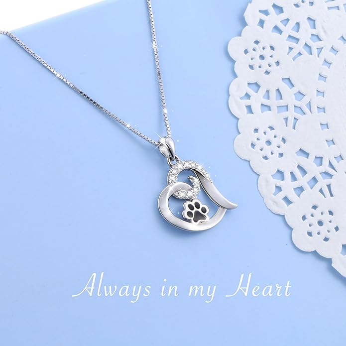 FLYOW 925 Sterling Silver Cute Paw Print Forever Love Heart Pendant Necklace/Bracelet/Stud Earrings Gift for Women, Box Chain 18"