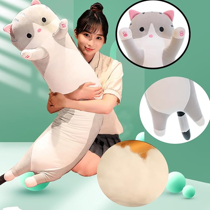 Grey Cat Long Plush Pillow Kitty Stuffed Animals Soft Sleeping Throw Pillow Doll Toy (Grey,35inches)