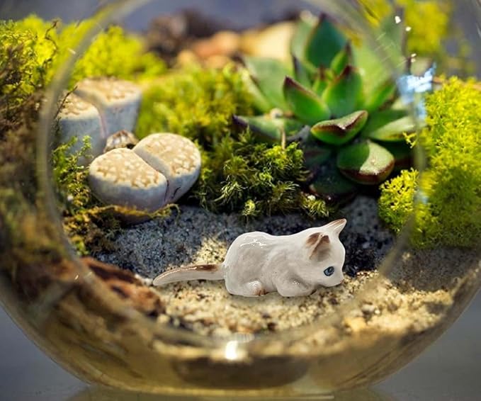 WitnyStore Tiny 1⅝" Long White Brown Pointed Shorthair Cat Crouching Figurine - Miniature Hand Made Painted Ceramic Cats Kitten Feline Animal Cute Porcelain Decorative Collectible Figures Décor Gifts