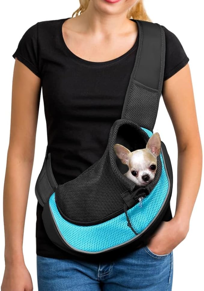 YUDODO Pet Sling Carrier for Small Dogs & Cats – Hands-Free Puppy Carrier with Safety Hook, Large Zipper Pocket, Soft Breathable Mesh, Adjustable Strap & Reflective Strip (Cyan 2.0 S)