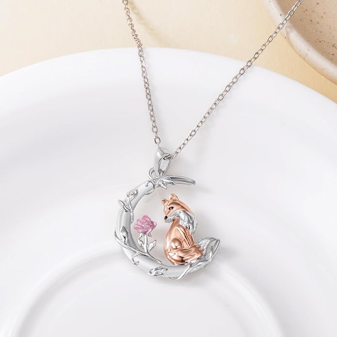 925 Sterling Silver Cat/Fox/Panda/Elephant/Highland Cow Necklace Crescent Moon Pendant Cute Animal Jewelry Gift for Women