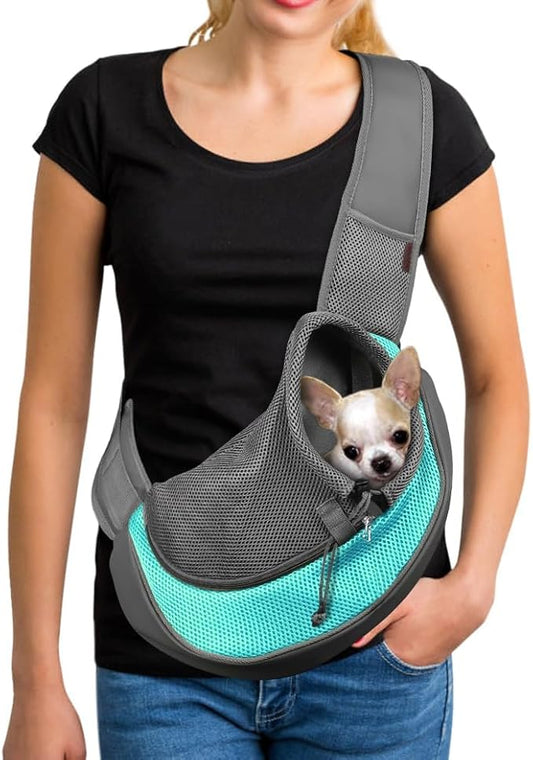 YUDODO Pet Sling Carrier for Small Dogs & Cats – Hands-Free Puppy Carrier with Safety Hook, Large Zipper Pocket, Soft Breathable Mesh, Adjustable Strap & Reflective Strip (Cyan 1.0 L)