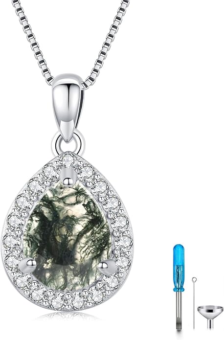 Urn necklace for Ashes 925 Sterling Silver Opal/Turquoise/Moonstone/Moss agate Pendant Cremation Memory Jewelry Keepsake Gifts for Women