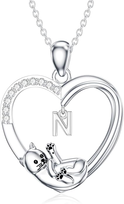 LONAGO Cat Heart Necklace with Initial Silver Cat Initial Necklace 26 Alphabets Cat Jewelry Gift for Women