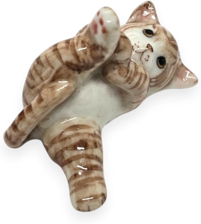 WitnyStore Tiny 1¾" Long White Brown Tabby Shorthair Cat Lying Leg Up Figurine - Miniature Hand Made Painted Ceramic Cats Kitten Feline Animals Cute Porcelain Decorative Collectible Figure Décor Gifts
