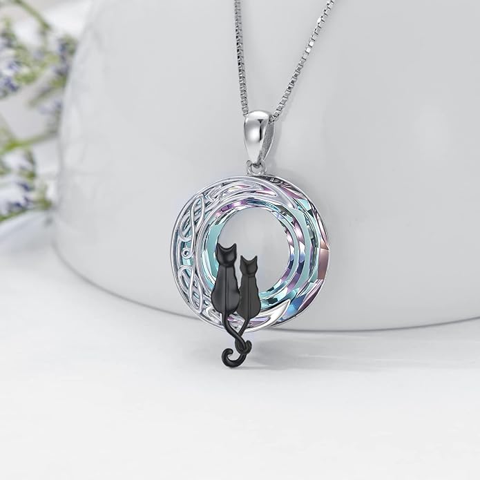 TOUPOP Cat Gifts for Cat Lovers 1 2 3 Cats Necklace Sterling Silver Cat on the Moon Pendant Necklace with Blue Circle Crystal Birthday Christmas Celtic Jewelry Gifts for Women