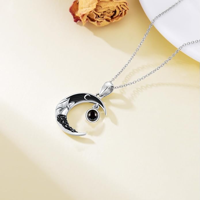 Gothic Jewelry Bat/Cat/Wolf/Dragon/Owl/Fox/Spider/Sun Pendant Sterling Silver Crescent Moon Necklace for Women Girls Black Jewelry Gifts