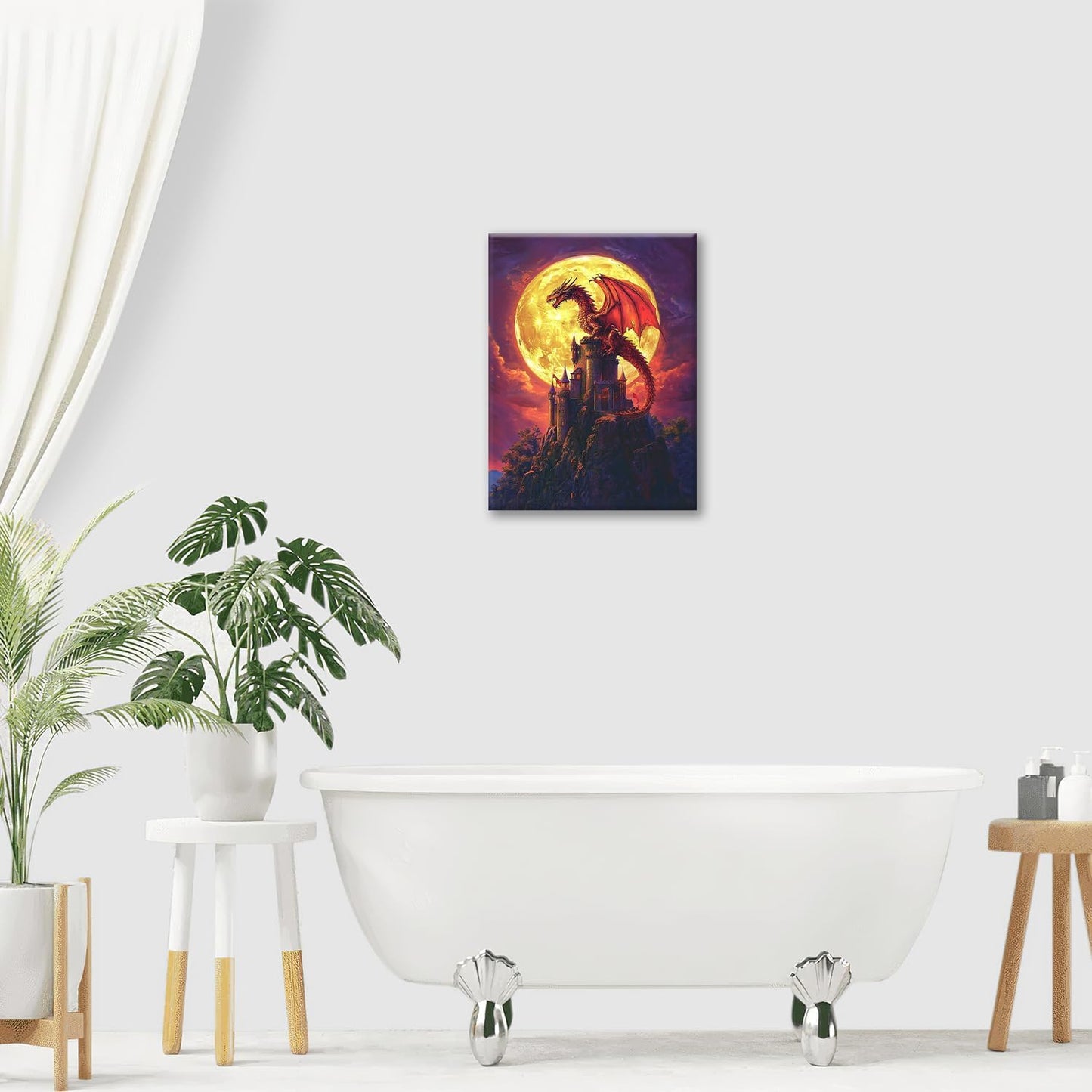 Dragon Bathroom Pictures Wall Art, Red Dragon Castle Bathroom Wall Decor, Framed Painting Canvas Artwork for Bedroom Living Room Decorations 20"L x 16"W