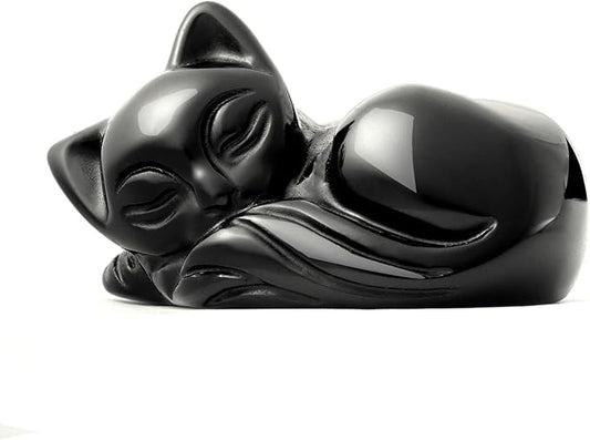 2" Sleeping Cat Statue Black Obsidian Healing Crystals Hand Carved Cute Kitten Figurine, Worry Stone for Anxiety Relif Home Desk Decor Animal Figurine