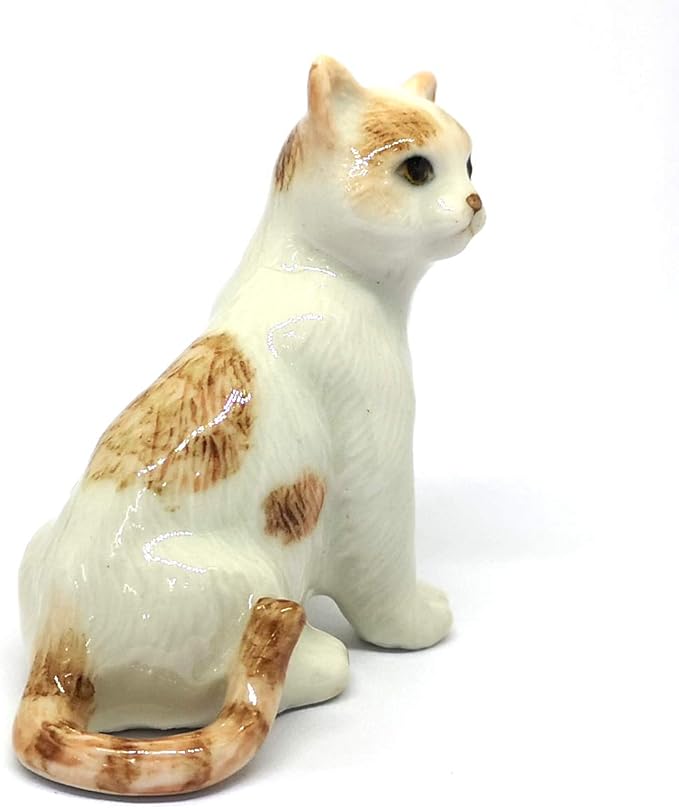 ZOOCRAFT Ceramic Cat Figurine Porcelain Handmade Miniatures Collectible White Brown Sitting