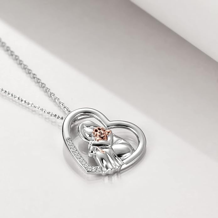 POPKIMI Cat Lover Pendant Necklace Dog Lover Necklace 925 Sterling Silver Crystal Cat Memorial Gifts for Women Animal Heart Jewelry Birthday Gifts