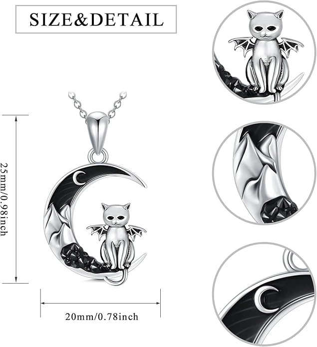 Gothic Jewelry Bat/Cat/Wolf/Dragon/Owl/Fox/Spider/Sun Pendant Sterling Silver Crescent Moon Necklace for Women Girls Black Jewelry Gifts