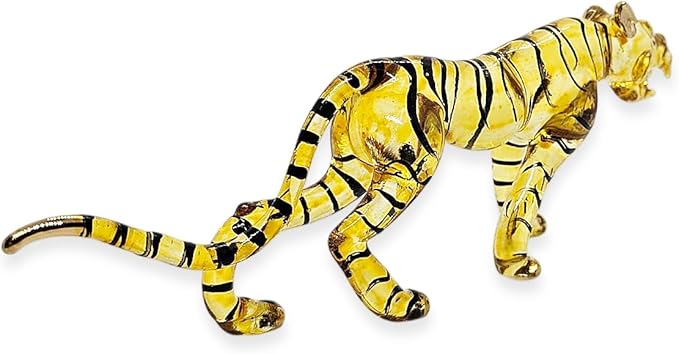 WitnyStore Tiny 8" Long Yellow Black Walking Tiger Roaring Figurine - Miniature Hand Blown Painted Glass Panthera Wild Cat Small Crystal Wildlife Animals Decorative Collectible Figurines Décor Gifts