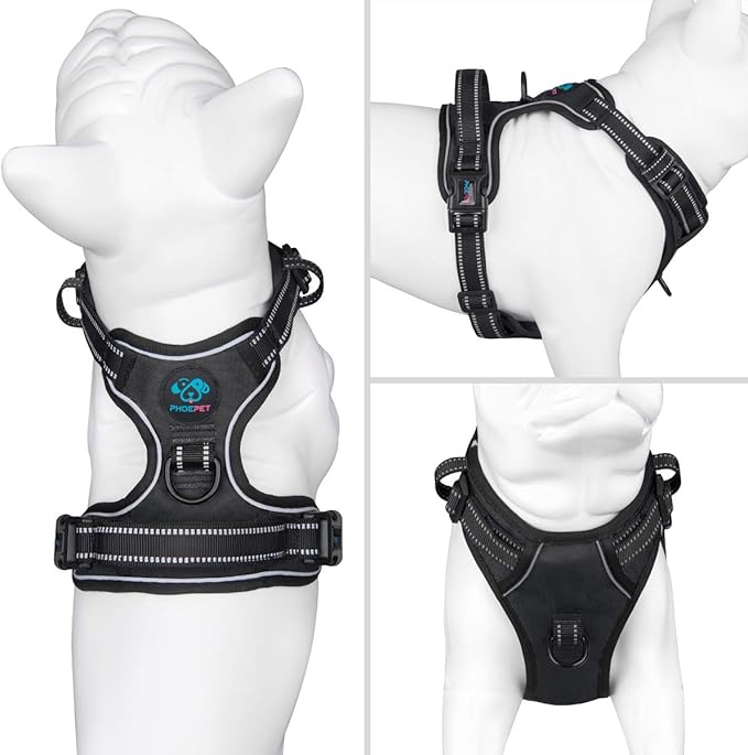 PHOEPET No Pull Dog Harnesses for Small Puppies Reflective Adjustable Front Clip Vest with 2 Metal Leash Attachment Hooks Soft Handle(XS, Black)