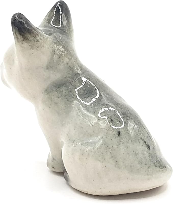 WitnyStore Tiny 1" Long Grey White Pointed Shorthair Cat Sitting Figurine - Miniature Hand Made Painted Ceramic Cats Kitten Feline Animal Cute Porcelain Decorative Collectible Figurines Décor Gifts