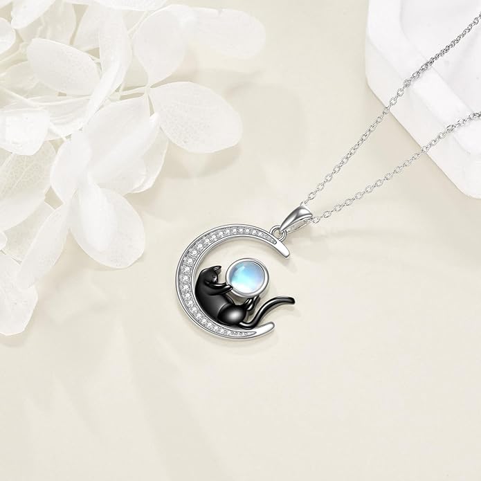 925 Sterling Silver Celtic Crescent Moon Animal Necklace for Women Fox/Black Cat/Hummingbird Crystal/Abalone Shell Pendant Jewelry Gift for Mom Daughter