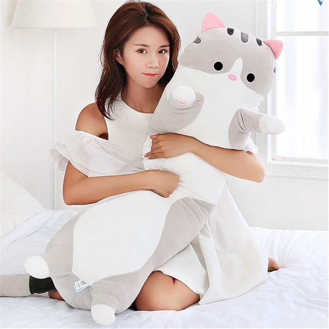 Lovely Plush Cat Doll Cute Cartoon Soft Stuffed Kitten Long Throw Sleeping Pillow Toy Gift for Kids Girlfriend Multiple Size (Grey,90cm/35.4in)