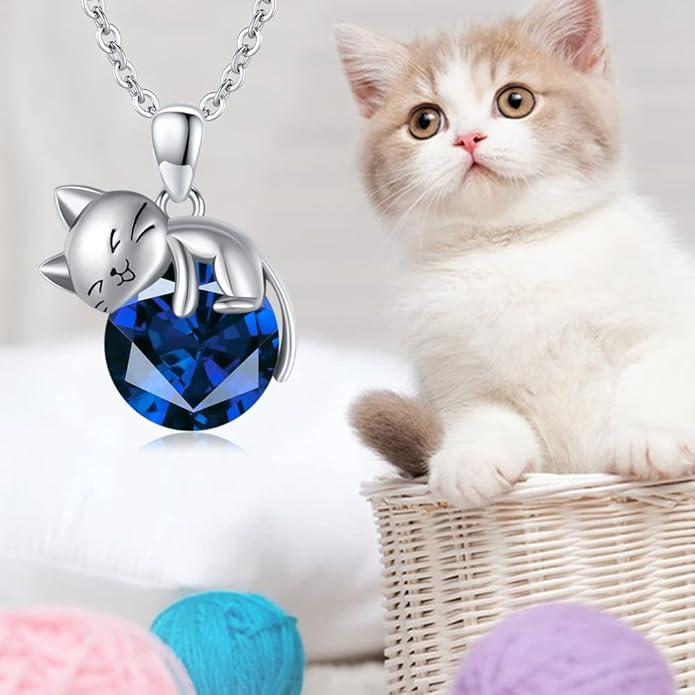 LONAGO Cat Necklace with Birthstone 925 Sterling Silver Cat Pendant Necklace Gift for Women