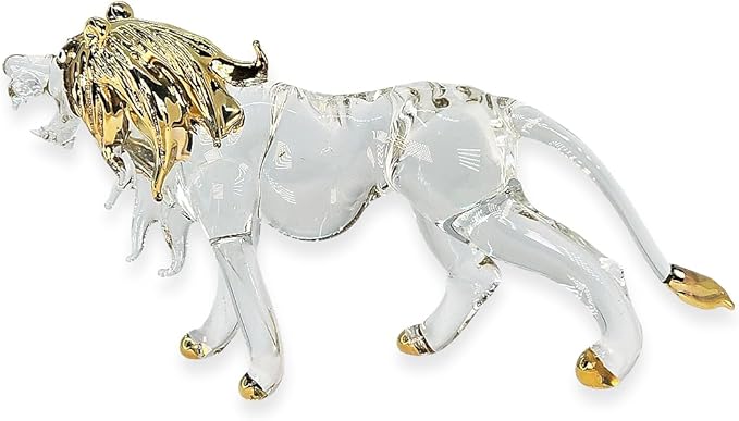 WitnyStore Tiny 5" Long Clear Gold Standing Lion Roaring Figurine - Miniature Hand Blown Painted Glass Panthera Wild Cat Small Crystal Wildlife Animals Decorative Collectible Figurines Décor Gifts