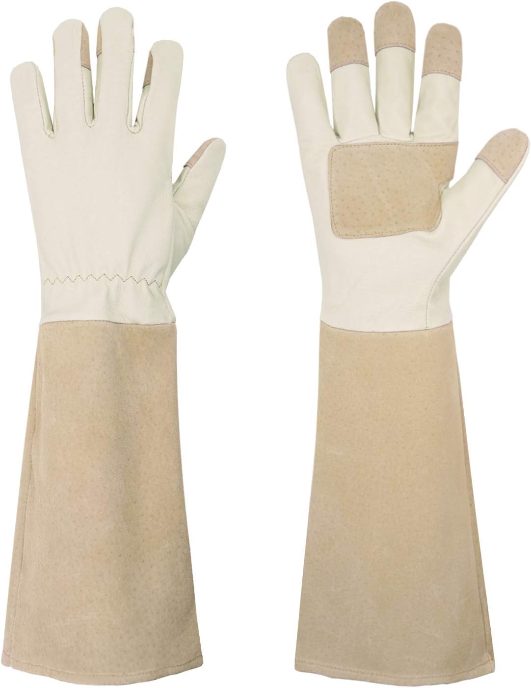 HANDLANDY Pruning Gloves Long for Men & Women, Pigskin Leather Rose Gardening Gloves- Breathable & Durability Gauntlet Glove (Small, Beige)