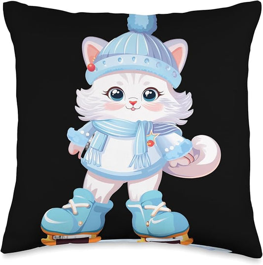 Persian Cat Figure Skater Ice Skates Kids Throw Pillow, 16x16, Multicolor